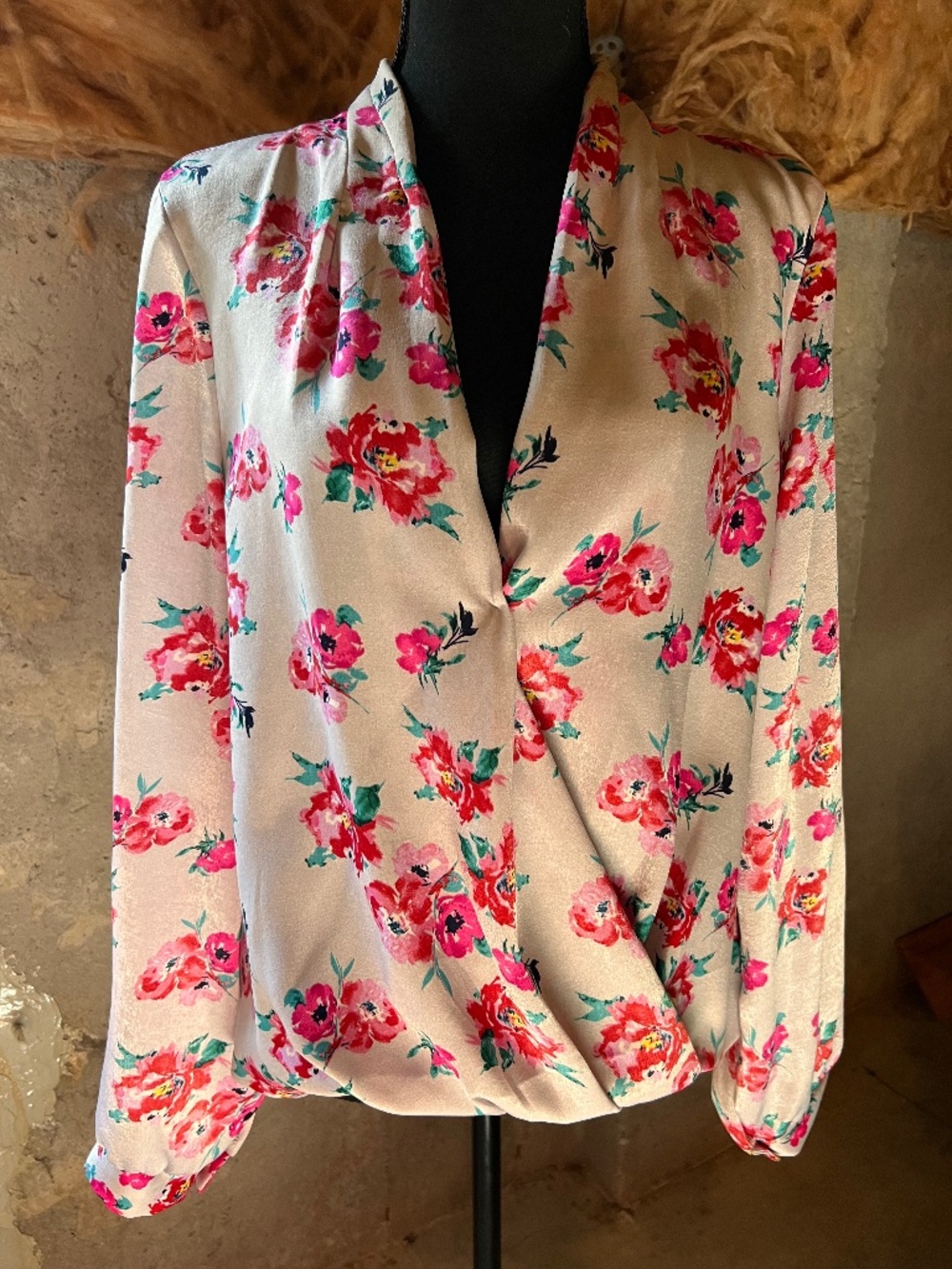 Lush Lavender Floral Crossover V-Neck Cutout Back Satin Blouse